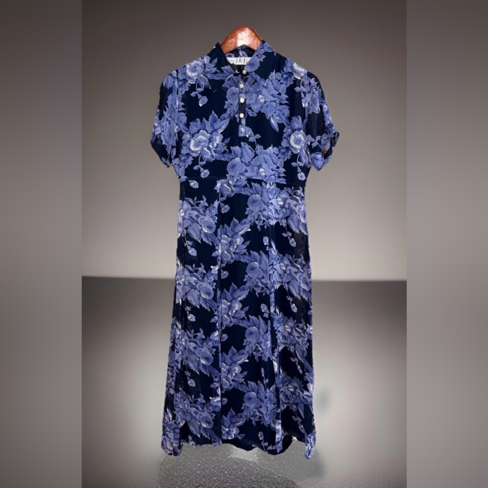 Vtg J•R•T Women’s Blue Floral Midi Shirt Dress - Rayon - 90’s - 4 - EUC